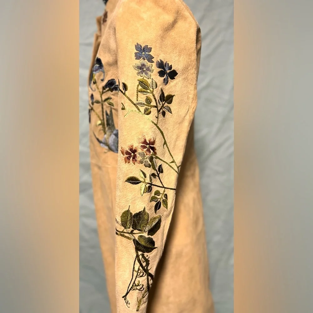 bagatelle Beige Suede Leather Embroidered Floral Coat - Picture 7 of 9